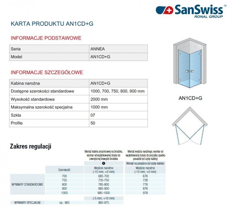 Sanswiss Annea kabina kwadratowa 100x100 wejście narożne srebrny połysk przeźroczyste AN1CG10005007+AN1CD10005007