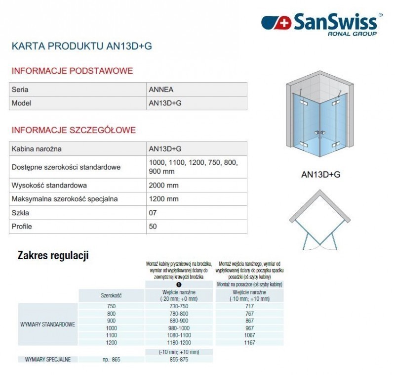 Sanswiss Annea kabina kwadratowa 120x120 wejście narożne srebrny połysk przeźroczyste AN13G12005007+AN13D120505007