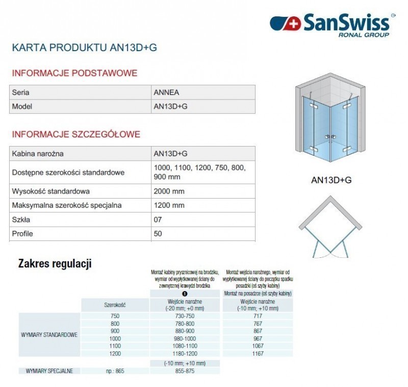 Sanswiss Annea kabina prostokątna 100x120 wejście narożne srebrny połysk przeźroczyste AN13G10005007+AN13D12005007