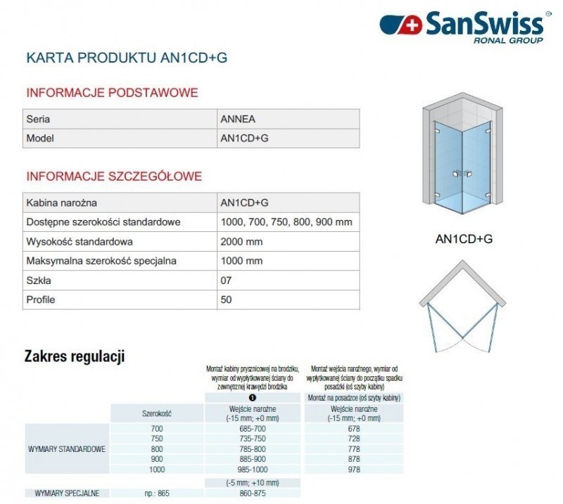 Sanswiss Annea kabina prostokątna 70x75 wejście narożne srebrny połysk przeźroczyste AN1CG07005007+AN1CD07505007