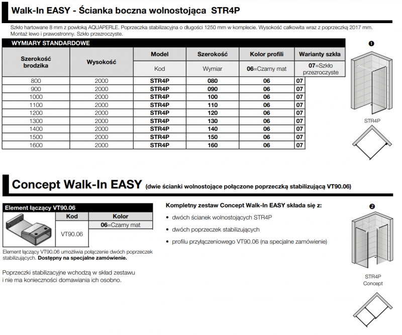 Sanswiss Easy Black Line ścianka wolnostojąca Walk-In 160 cm czarny mat przeźroczyste STR4P1600607