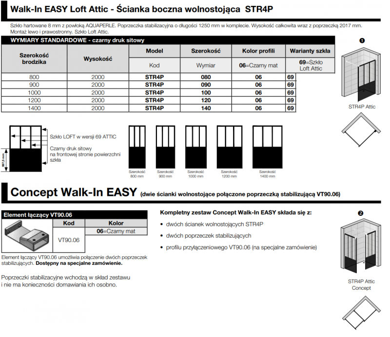 Sanswiss Easy Black Line Loft Attic ścianka wolnostojąca Walk-In 80 cm czarny mat STR4P0800669