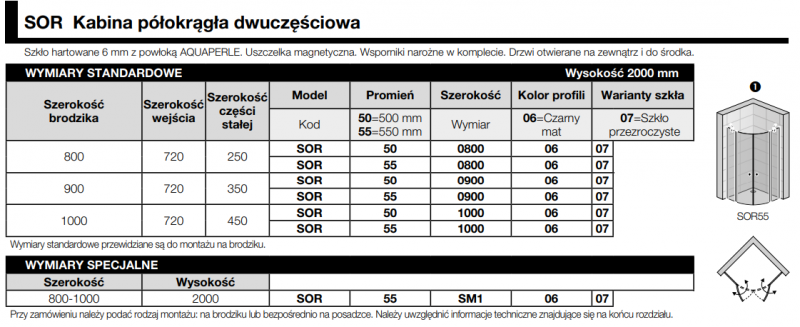 SanSwiss Solino Black Line kabina półokrągła 80x80 r.550 drzwi wahadłowe czarny mat przeźroczyste SOR5508000607