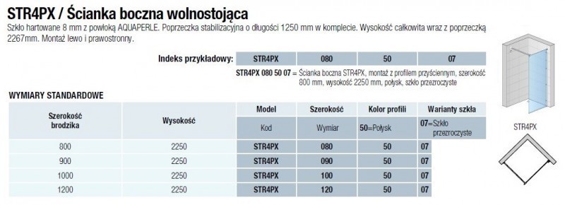 SanSwiss Walk-In Easy ścianka wolnostojąca 120 cm srebrny połysk przeźroczyste STR4PX1205007