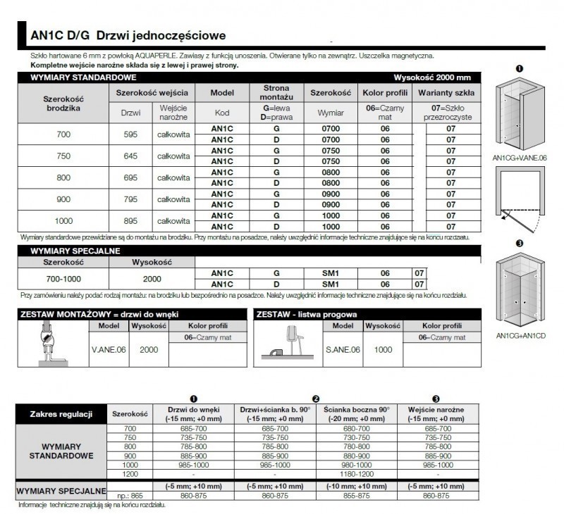 Sanswiss Annea Black Line drzwi otwierane jednoczęściowe PRAWE 90 cm do wnęki lub ścianki czarny mat powłoka Aquaperle AN1CD09000607