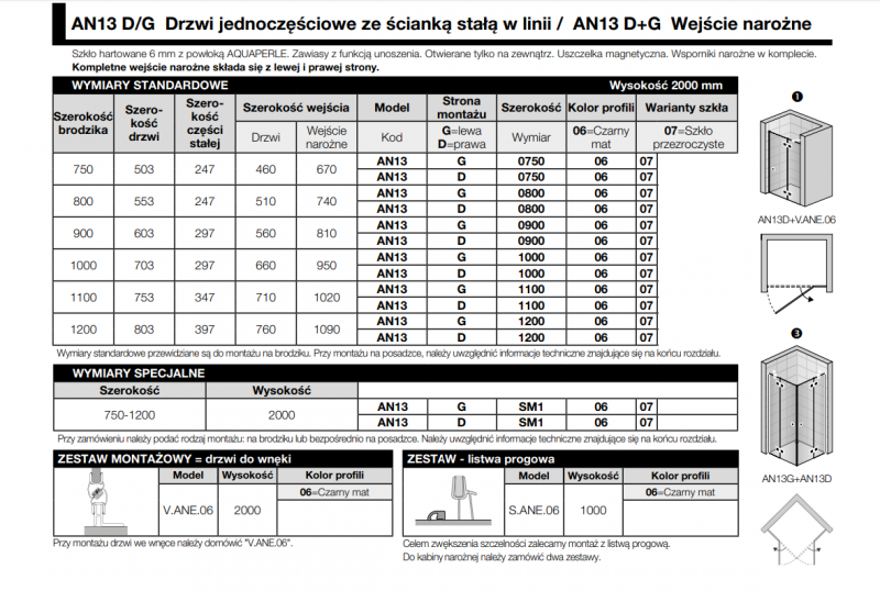 Sanswiss Annea Black Line drzwi otwierane jednoczęściowe ze ścianką stałą w linii PRAWE 110 cm do wnęki lub ścianki czarny mat przeźroczyste AN13D11000607