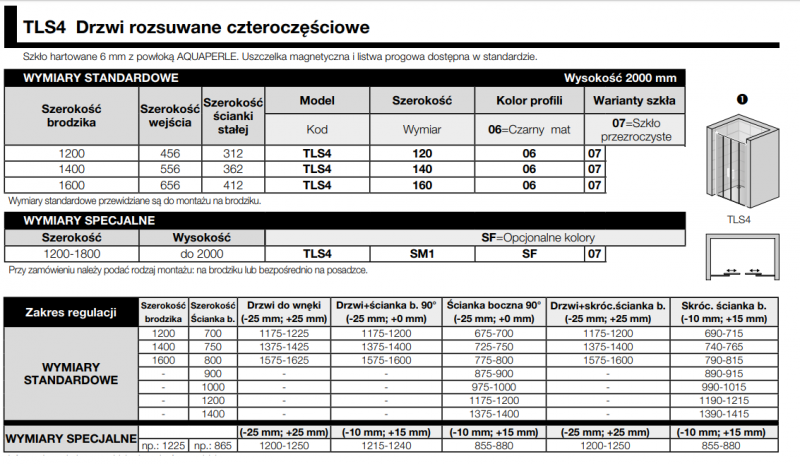 Sanswiss Top Line Black Line drzwi przesuwne czteroczęściowe 120 cm do wnęki lub ścianki czarny mat przeźroczyste TLS41200607