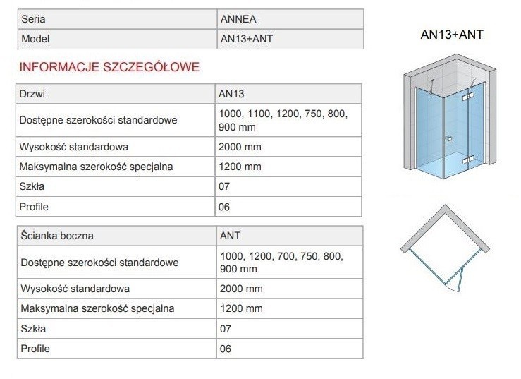 Sanswiss Annea Black Line kabina kwadratowa 120x120 drzwi PRAWE 120 cm i ścianka 120 cm czarny mat powłoka Aquaperle AN13D12000607+ANT12000607