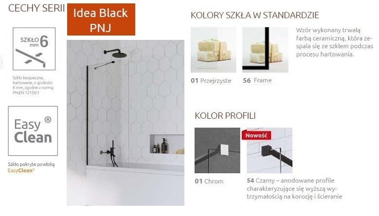 Radaway Idea Black PNJ parawan nawannowy jednoczęściowy 60 cm L/P czarny przeźroczyste Easy Clean 10001060-54-01