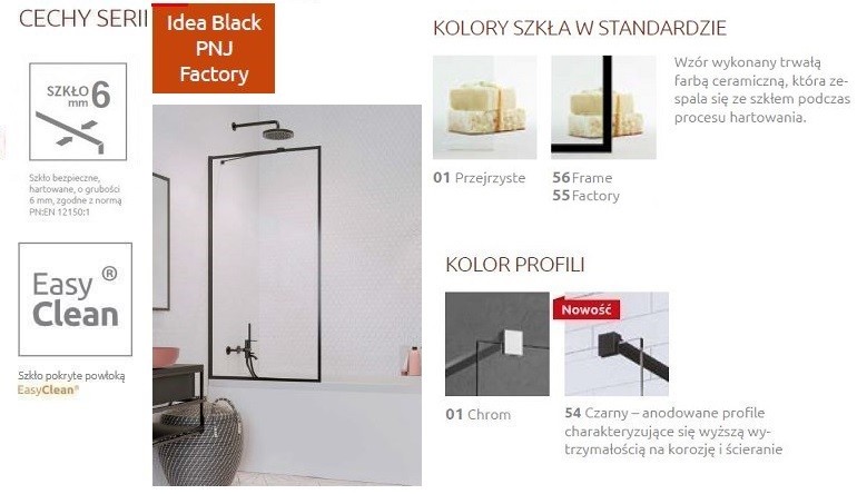 Radaway Idea Black PNJ Frame parawan nawannowy jednoczęściowy 90 cm L/P czarny przeźroczyste Easy Clean 10001090-54-56