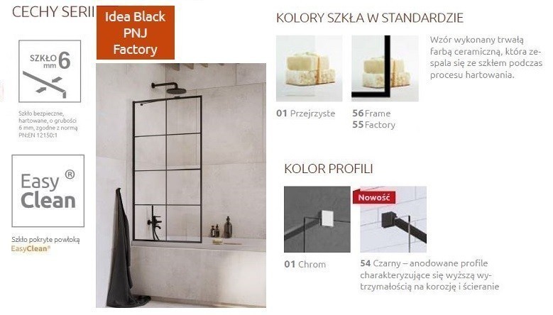 Radaway Idea Black PNJ Factory parawan nawannowy jednoczęściowy 100 cm L/P czarny przeźroczyste Easy Clean 10001100-54-55