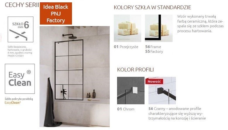 Radaway Idea Black PNJ Factory parawan nawannowy jednoczęściowy 70 cm L/P czarny przeźroczyste Easy Clean 10001070-54-55