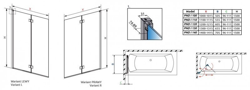 Radaway Nes PND I parawan nawannowy dwuczęściowy 120 cm prawy chrom przeźroczyste Easy Clean 10010120-01-01R