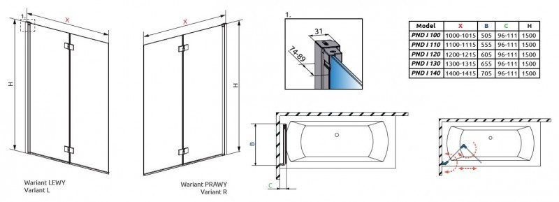 Radaway Nes PND I parawan nawannowy dwuczęściowy 110 cm lewy chrom przeźroczyste Easy Clean 10010110-01-01L