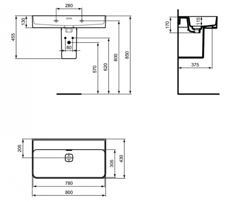 Ideal Standard Strada II umywalka wisząca 80 cm bez otworu na baterię T363901