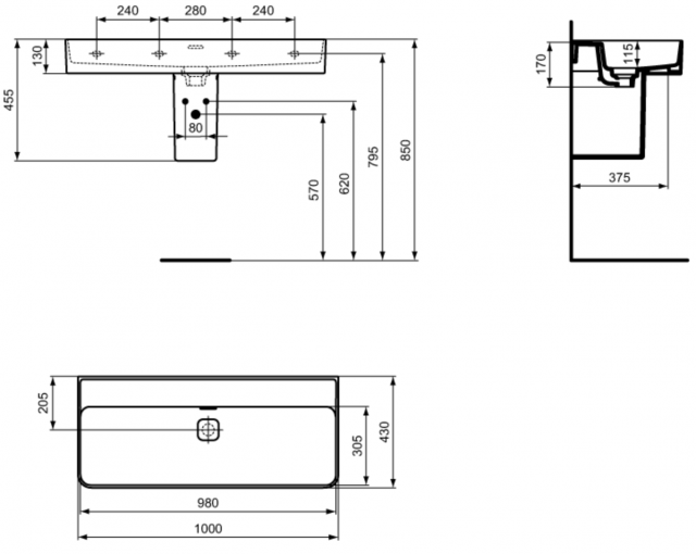 Ideal Standard Strada II umywalka nablatowa 100 cm bez otworu na baterię T365201