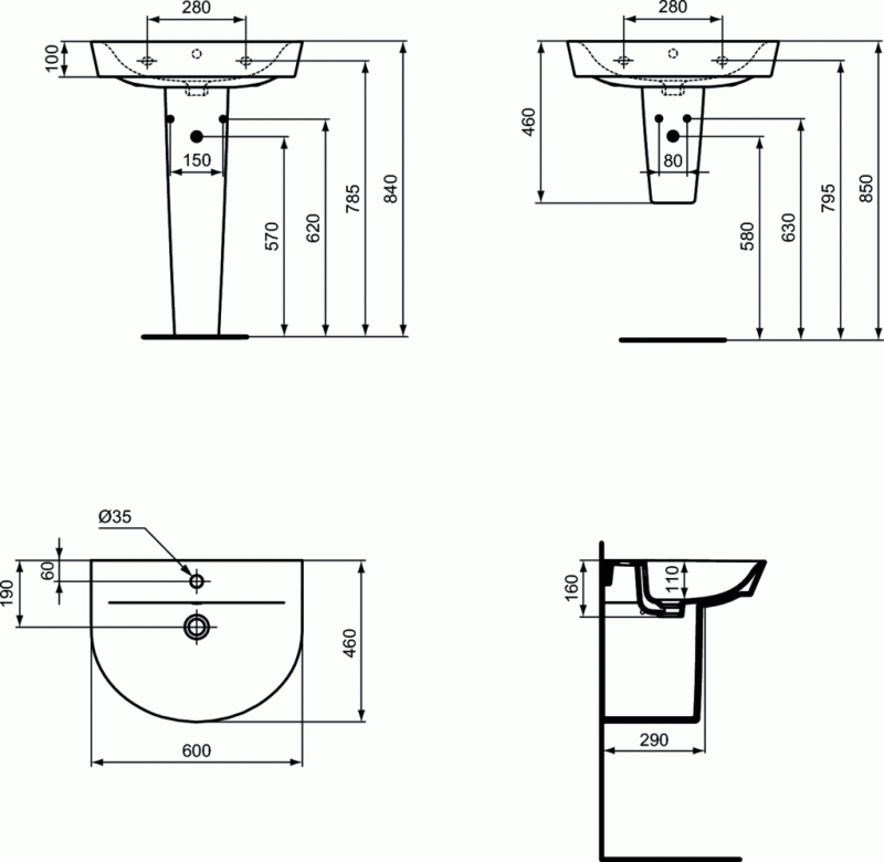 Ideal Connect Arc umywalka wisząca 60 cm z otworem na baterię i przelewem E137801