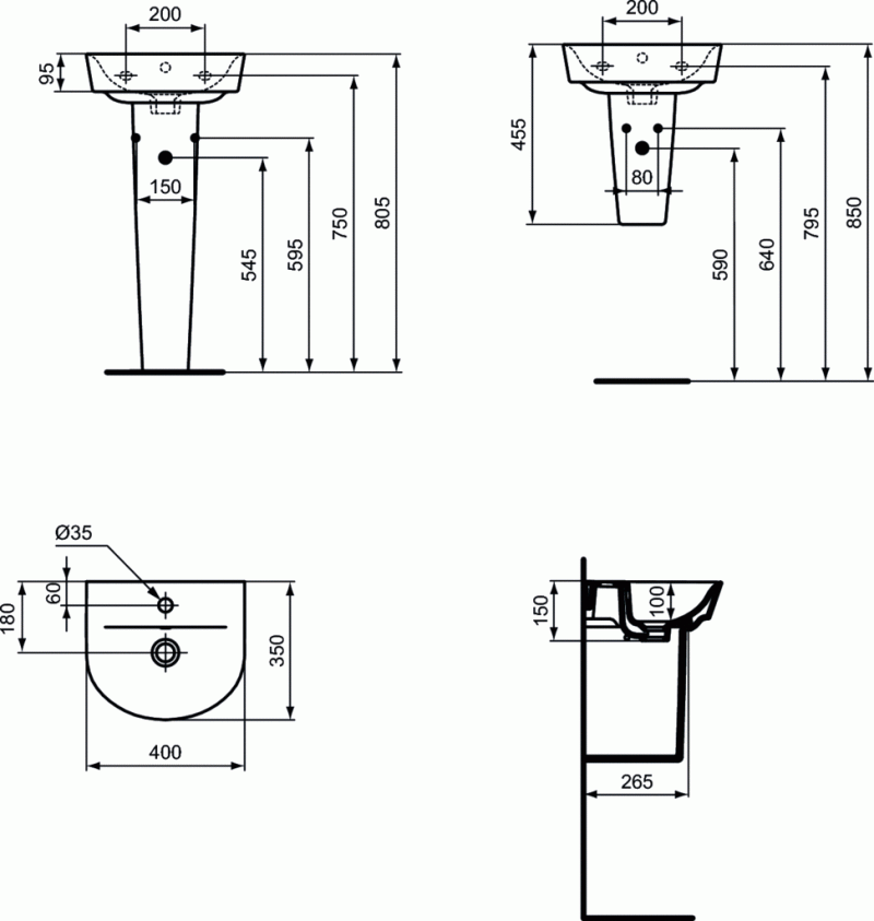 Ideal Connect Arc umywalka wisząca 40 cm z otworem na baterię i przelewem E138401