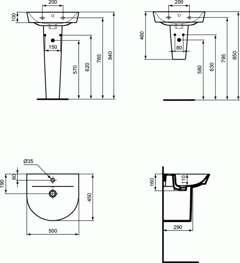 Ideal Connect Arc umywalka wisząca 50 cm z otworem na baterię i przelewem E138101