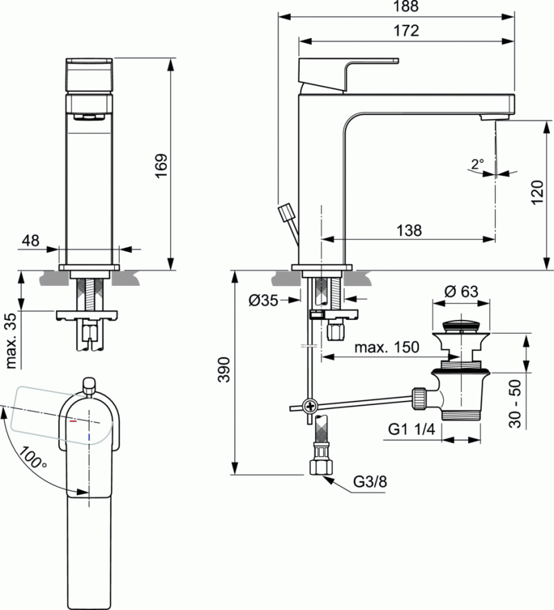 Ideal Standard Edge bateria umywalkowa stojąca Grande bez korka chrom A7108AA