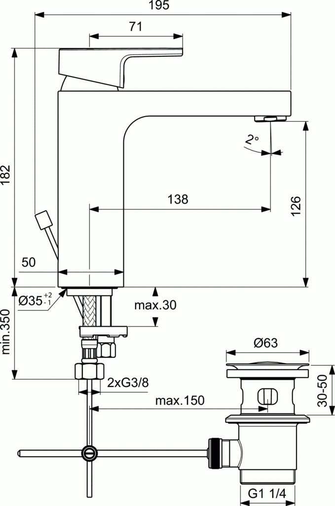 Ideal Standard Edge bateria umywalkowa stojąca Grande metalowy korek automatyczny chrom A7109AA