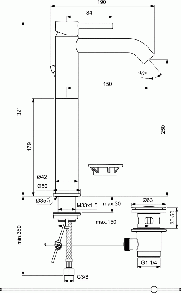 Ideal Standard Ceraline bateria umywalkowa stojąca wysoka z metalowym korkiem automatycznym chrom BC194AA