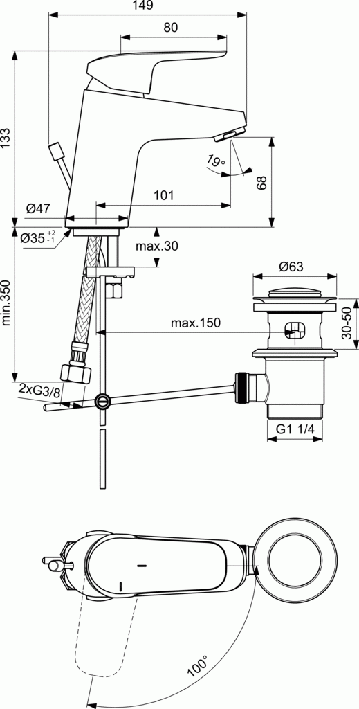 Ideal Standard Ceraflex bateria umywalkowa stojąca Blue Star C3 z korkiem chrom B1711AA