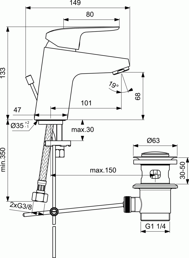 Ideal Standard Ceraflex bateria umywalkowa stojąca z metalowym korkiem chrom B1708AA