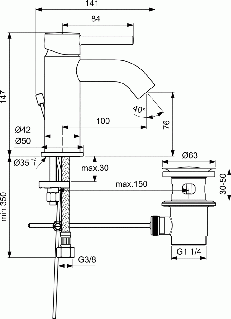 Ideal Standard Ceraline bateria umywalkowa stojąca z metalowym korkiem automatycznym chrom BC193AA