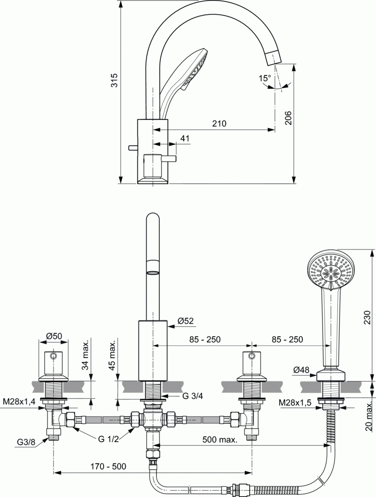 Ideal Standard Ceraline bateria wannowa czterootworowa z wylewką chrom BC198AA