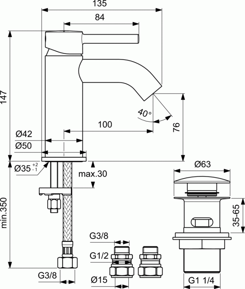 Ideal Standard Ceraline bateria umywalkowa stojąca z korkiem Clik-Clack chrom BC186AA