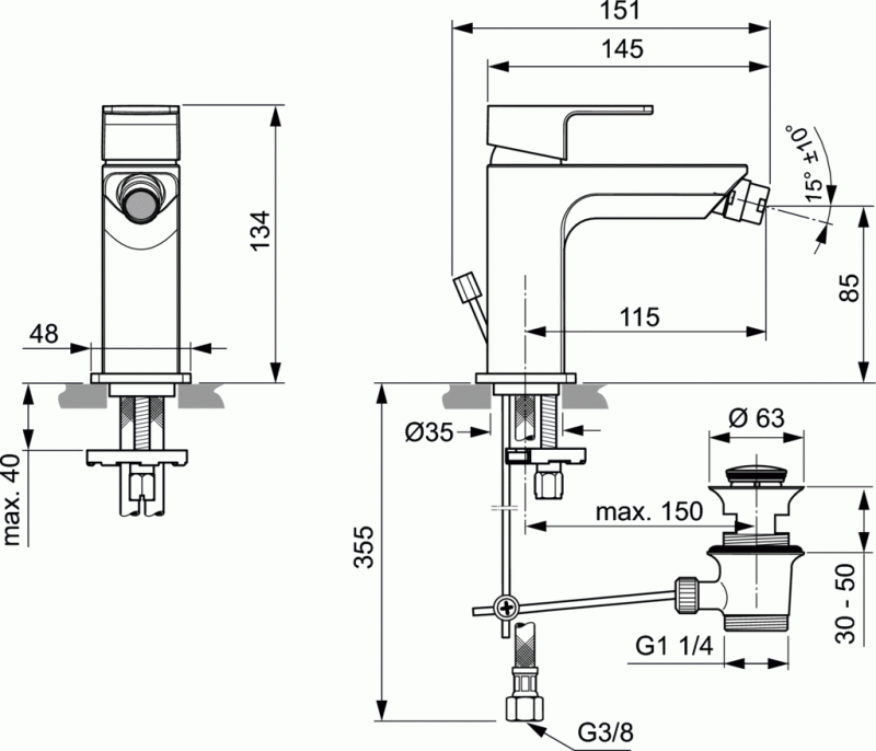 Ideal Standard Edge bateria bidetowa z automatycznym korkiem stojąca chrom A7118AA