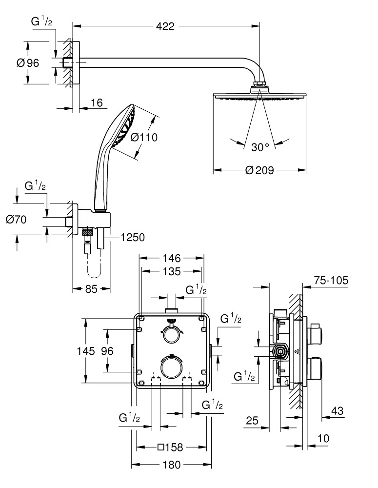 Grohe Grohtherm zestaw prysznicowy podtynkowy z deszczownicą Tempesta 210 i prysznicem ręcznym Euphoria 34734000