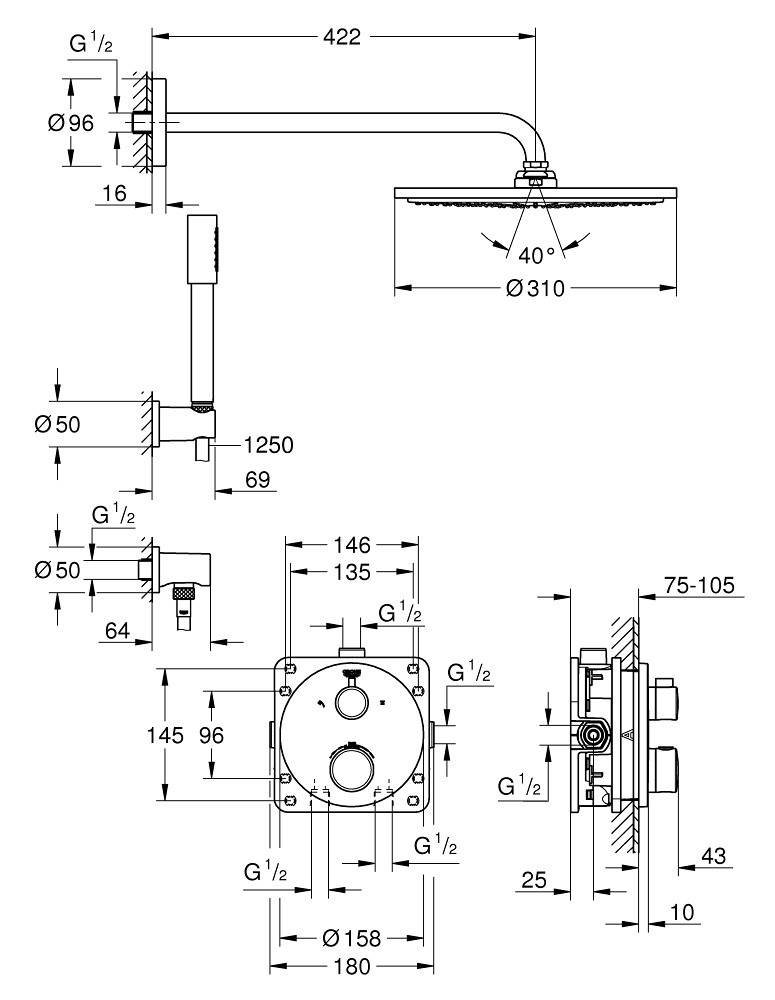 Grohe Grohtherm zestaw prysznicowy podtynkowy z deszczownicą Rainshower Cosmopolitan 310 i prysznicem ręcznym Sena 34731000