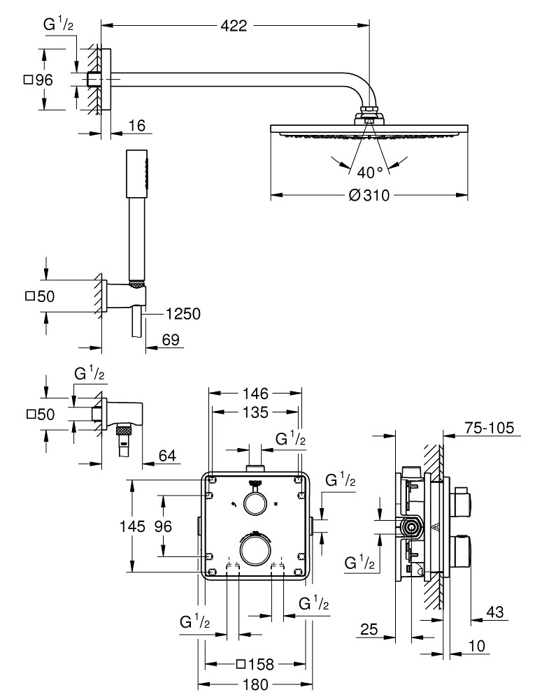 Grohe Grohtherm zestaw prysznicowy podtynkowy z deszczownicą Tempesta 210 i prysznicem ręcznym Sena 34730000