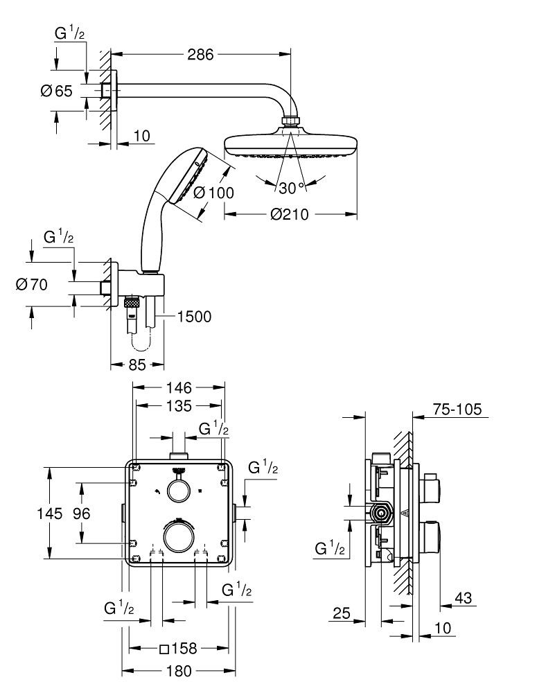 Grohe Grohtherm zestaw prysznicowy podtynkowy z deszczownicą Tempesta 210 i prysznicem ręcznym Tempesta 34729000