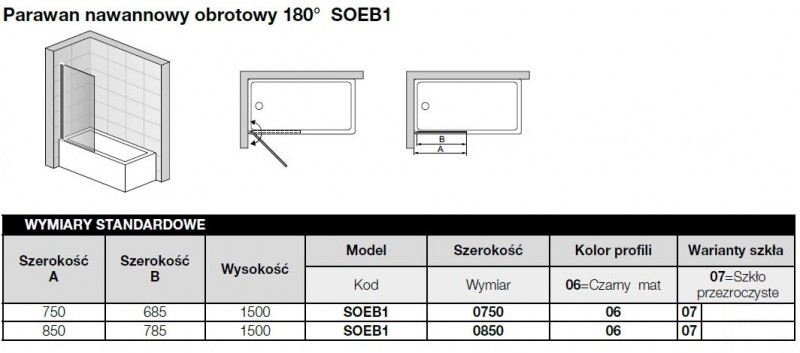 Sanswiss Solino Black Line  parawan nawannowy 1-częściowy wahadłowy 85 cm L/P czarny mat przeźroczyste SOEB108500607