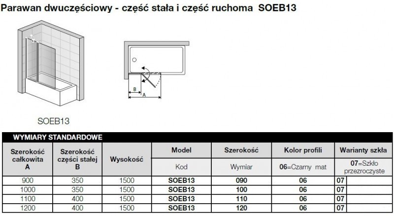 Sanswiss Solino Black Line  parawan nawannowy 2-częściowy wahadłowy 120 cm L/P czarny mat przeźroczyste SOEB131200607