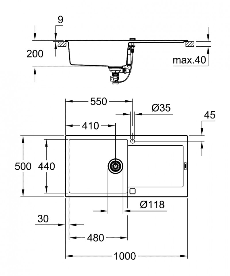 Grohe K500 zlewozmywak wpuszczany w blat 1 komora z ociekaczem 100x50 cm czarny granit 31645AP0