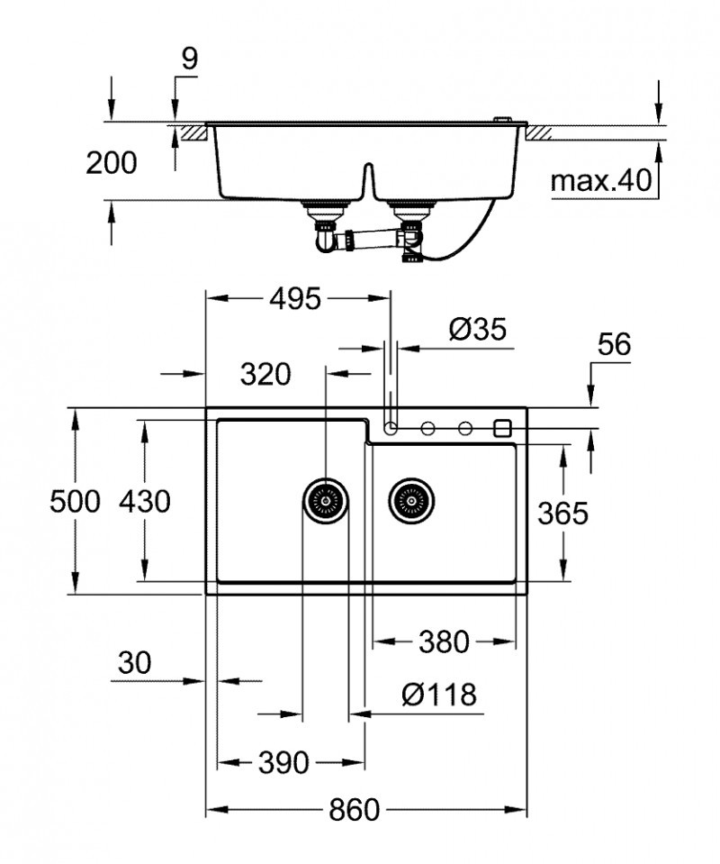 Grohe K500 zlewozmywak wpuszczany w blat 2 komory 86x50 cm czarny granit 31649AP0