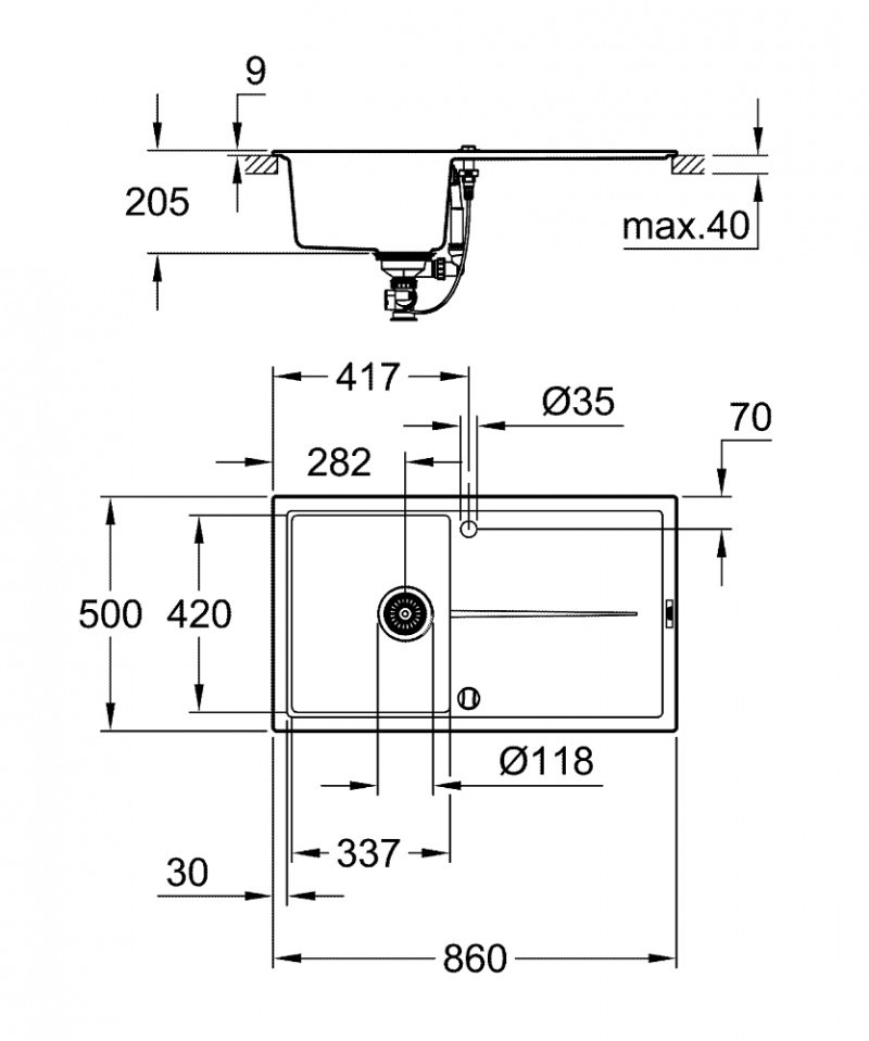 Grohe K400 zlewozmywak wpuszczany w blat 1 komora z ociekaczem 86x50 cm czarny granit 31640AP0