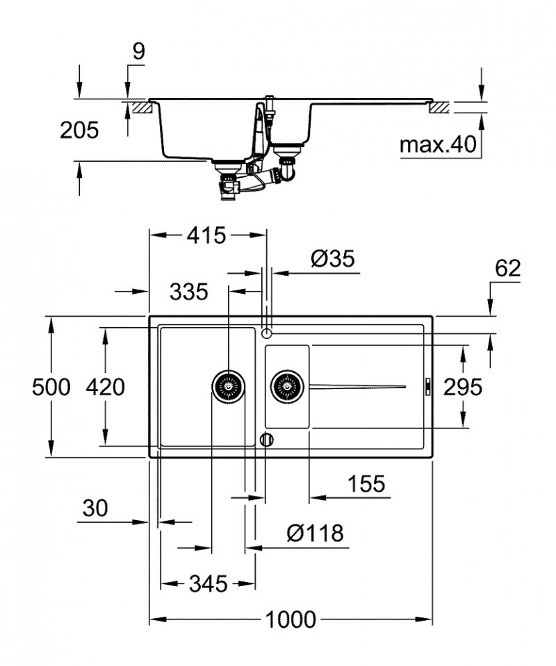 Grohe K400 zlewozmywak wpuszczany w blat 1,5 komory z ociekaczem 100x50 cm czarny 31642AP0