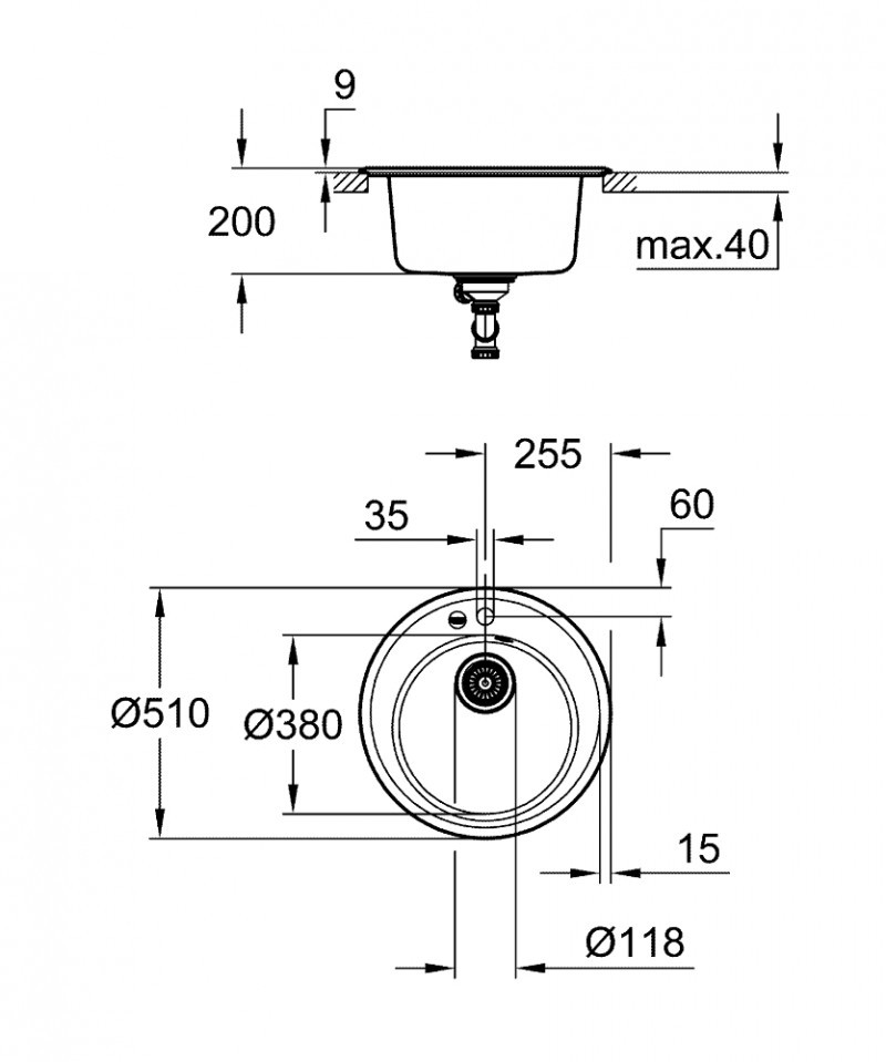 Grohe K200 zlewozmywak okrągły wpuszczany w blat 1 komora 51 cm czarny granit 31656AP0