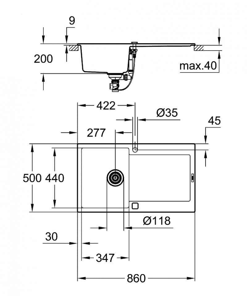 Grohe K500 zlewozmywak wpuszczany w blat 1 komora z ociekaczem 86x50 cm szary granit 31644AT0