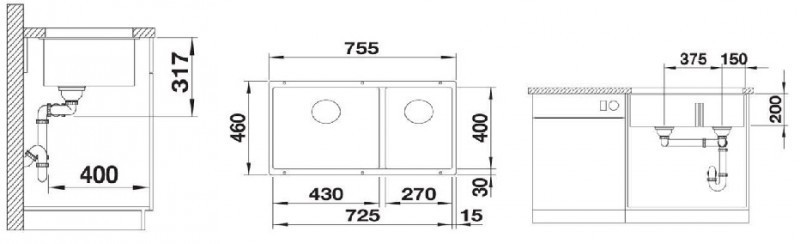 Blanco Subline 430/270-U Silgranit PuraDur II zlewozmywak granitowy 2 komory podwieszany kolor tartufo 523158