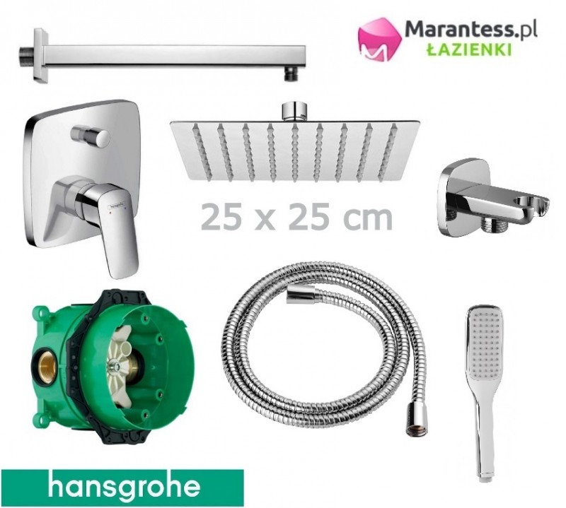 Hansgrohe Logis + Hudson zestaw 7w1 podtynkowy z deszczownicą Hydroland 25x25 cm kompletny