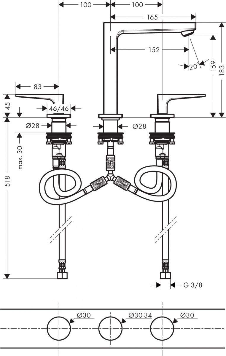 Hansgrohe FinishPlus Metropol 160 3-otworowa bateria umywalkowa wysoka z klik-klakiem czarny chrom szczotkowany 32515340