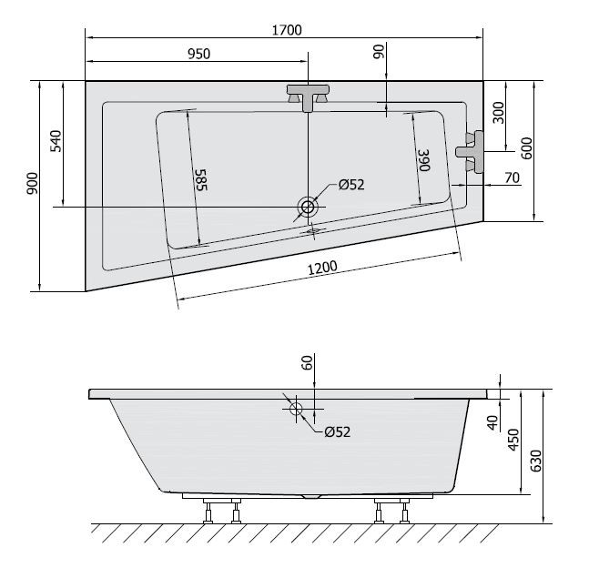 Polysan Andra L wanna asymetryczna lewa 170x90 cm akryl biały 81111