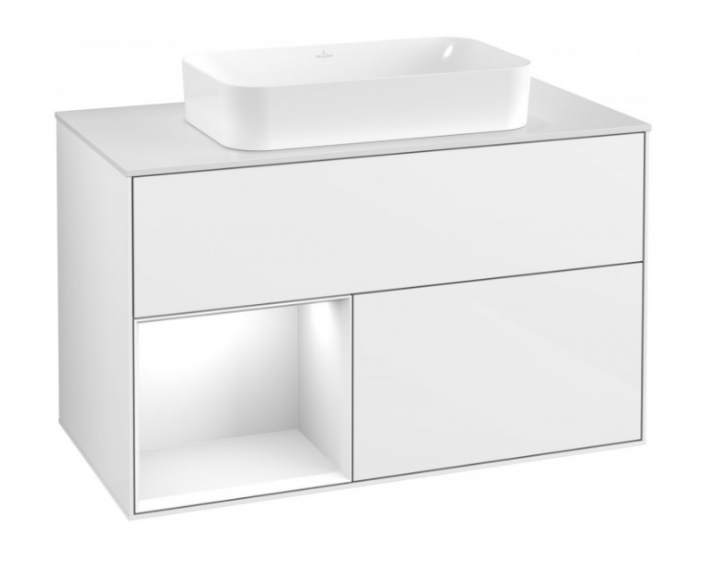 Villeroy&Boch Finion szafka pod umywalkę 100 cm z 2 szufladami z otwartą półką i oświetleniem LED Glossy White Lacquer biały G651GFGF