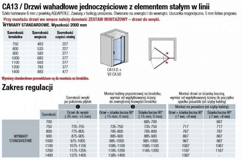 Sanswiss Cadura drzwi wahadłowe jednoczęściowe prawe 100 cm ze ścianką stałą do wnęki lub ścianki srebrny połysk przeźroczyste CA13D01005007